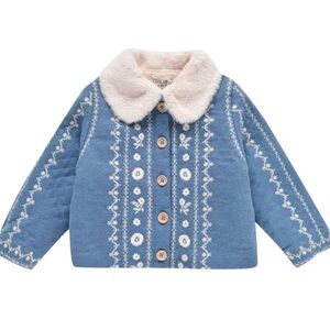 Louise Misha -Najla Embroidered Fur-Lined Coat | Denim blue Size 5Y